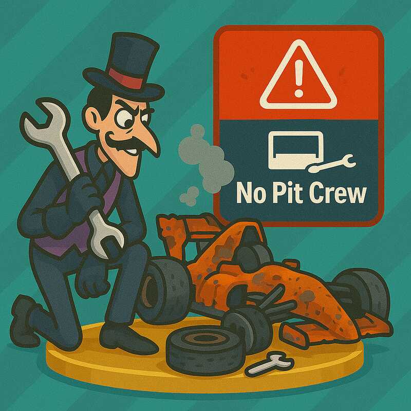 image of a tall villain with curly mustache and wrench changing the tire of a rusting 1980s race car